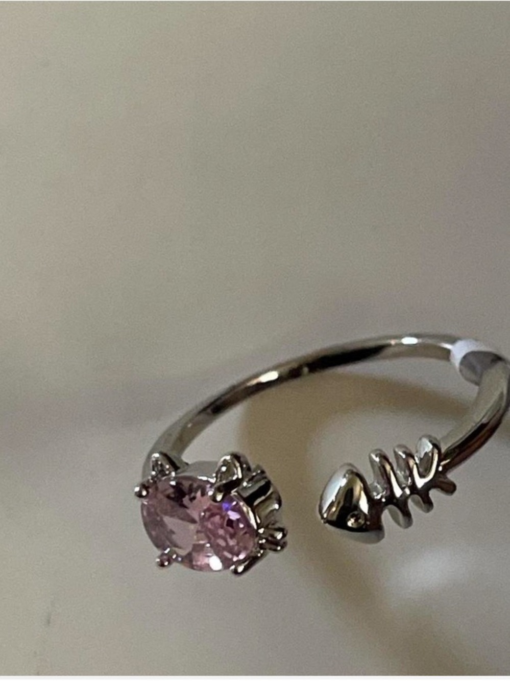 Adjustable Silver Ring with Pink Gemstone Accent. Adjustable Size